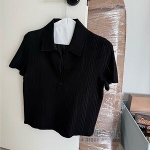 Theory Black Cotton Blend Women's Cropped Polo Top